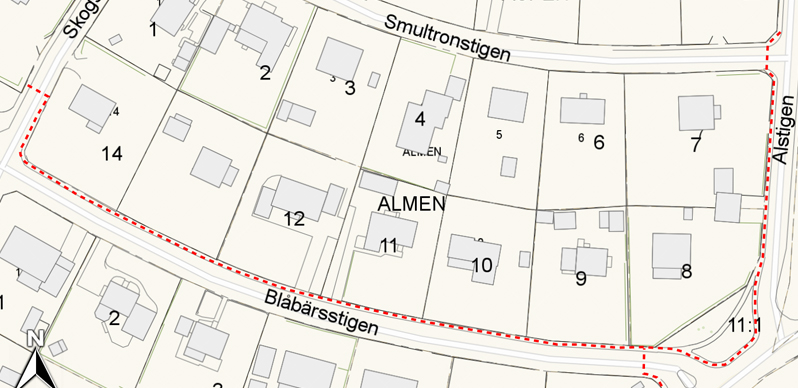 Karta som visar var arbetet sträcker sig längs Blåbärsstigen och Alstigen