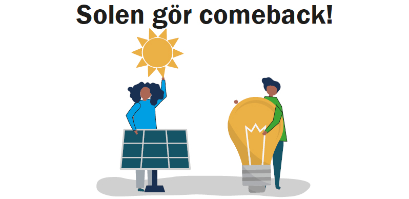 Ilustration av en kvinna som håller upp i en sol en som håller i en glödlampa.. På bilden visas även man som håller  man och kvinna